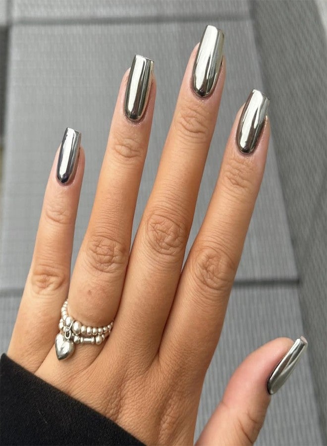 CTTHNBD Silver Press on Nails Square - Medium Fake Nails with Chrome Design - Solid Color Full Cover Stick on False Nails - for Women 24 Pcs - Image 1